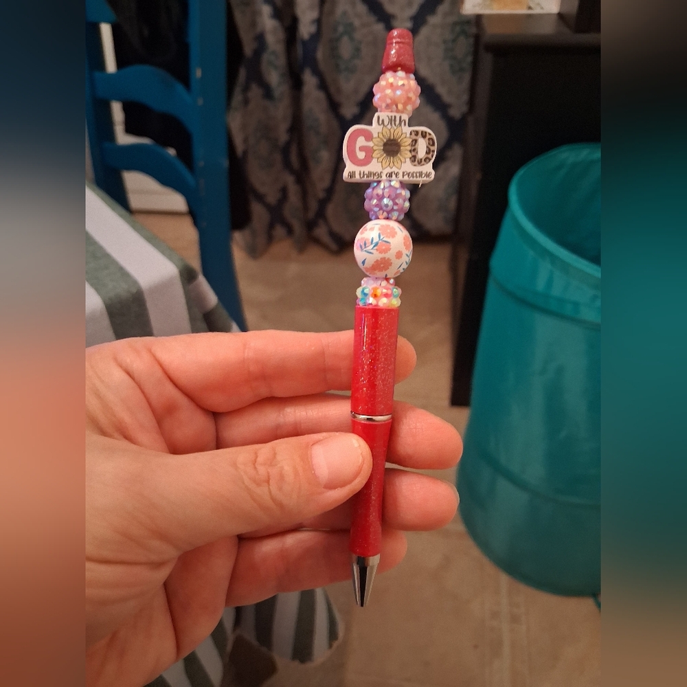 Red Glitter Pen with Beaded Topper